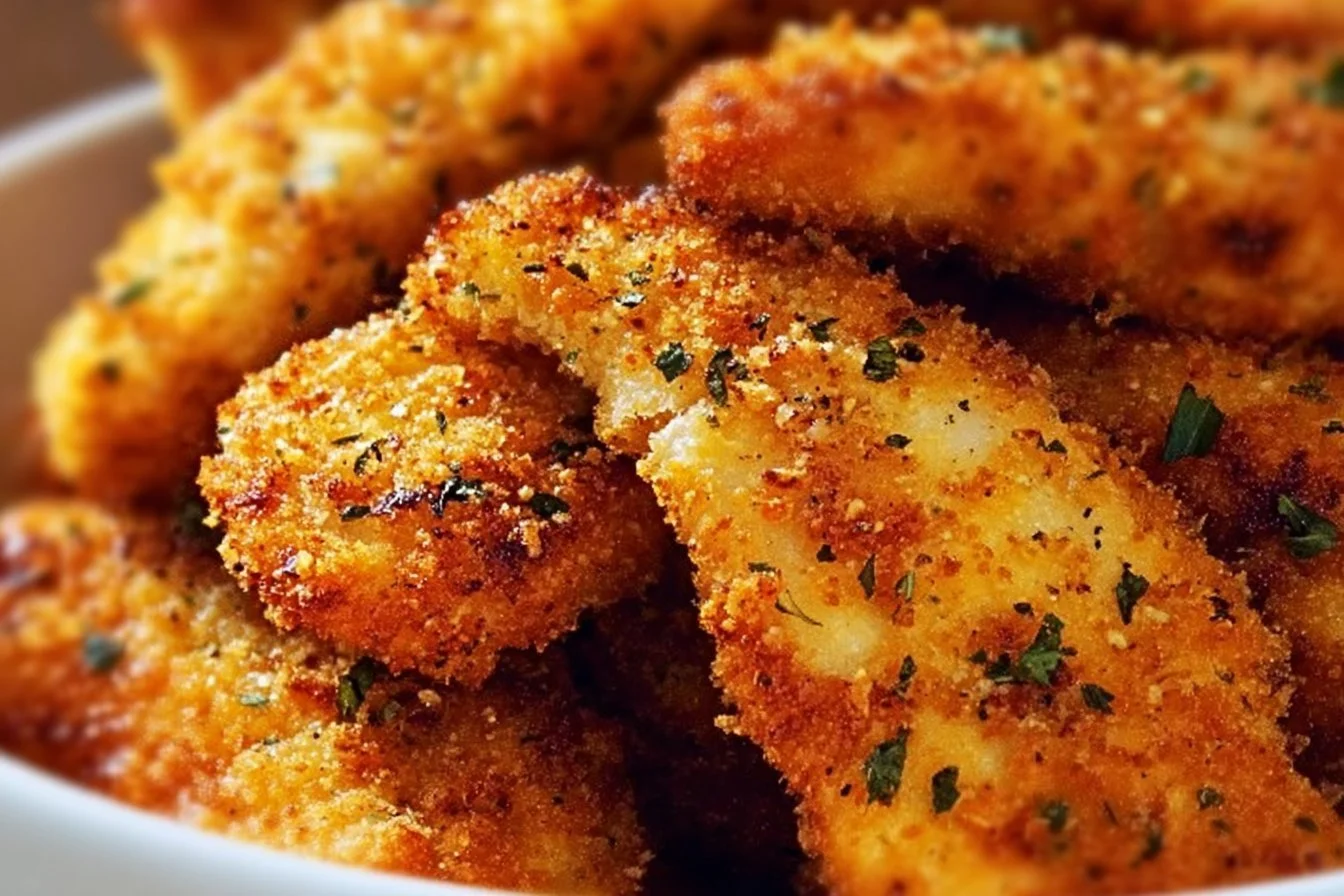 Crispy oven-baked Parmesan chicken tenders on a plate with herbs.