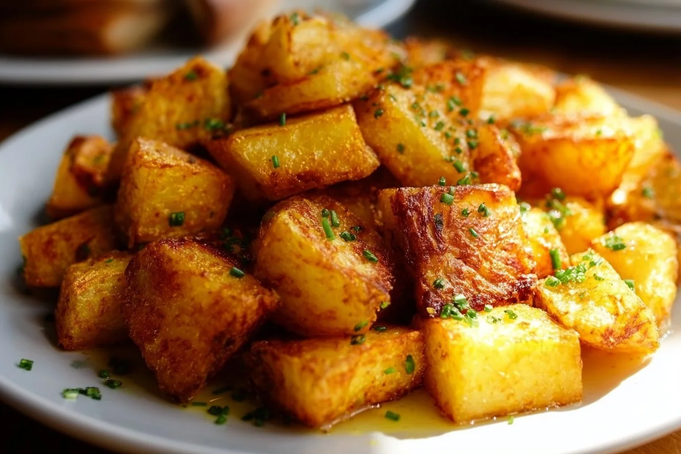 A plate of crispy oven-roasted breakfast potatoes garnished with herbs.