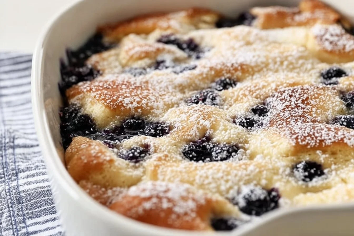 Delicious pancake casserole served with syrup and fresh berries