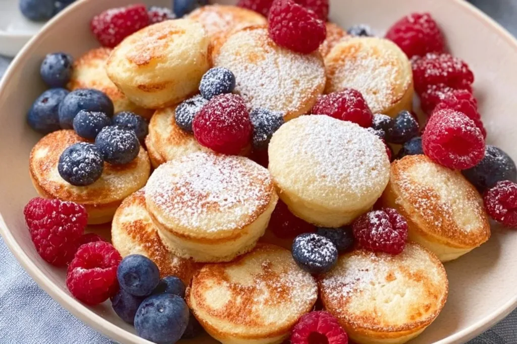 Pancake mini muffins with syrup and blueberries on a plate