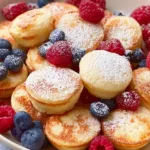 Pancake mini muffins with syrup and blueberries on a plate