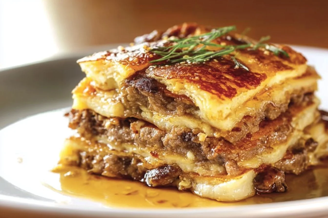 Pancake Sausage Casserole topped with syrup and sausage pieces