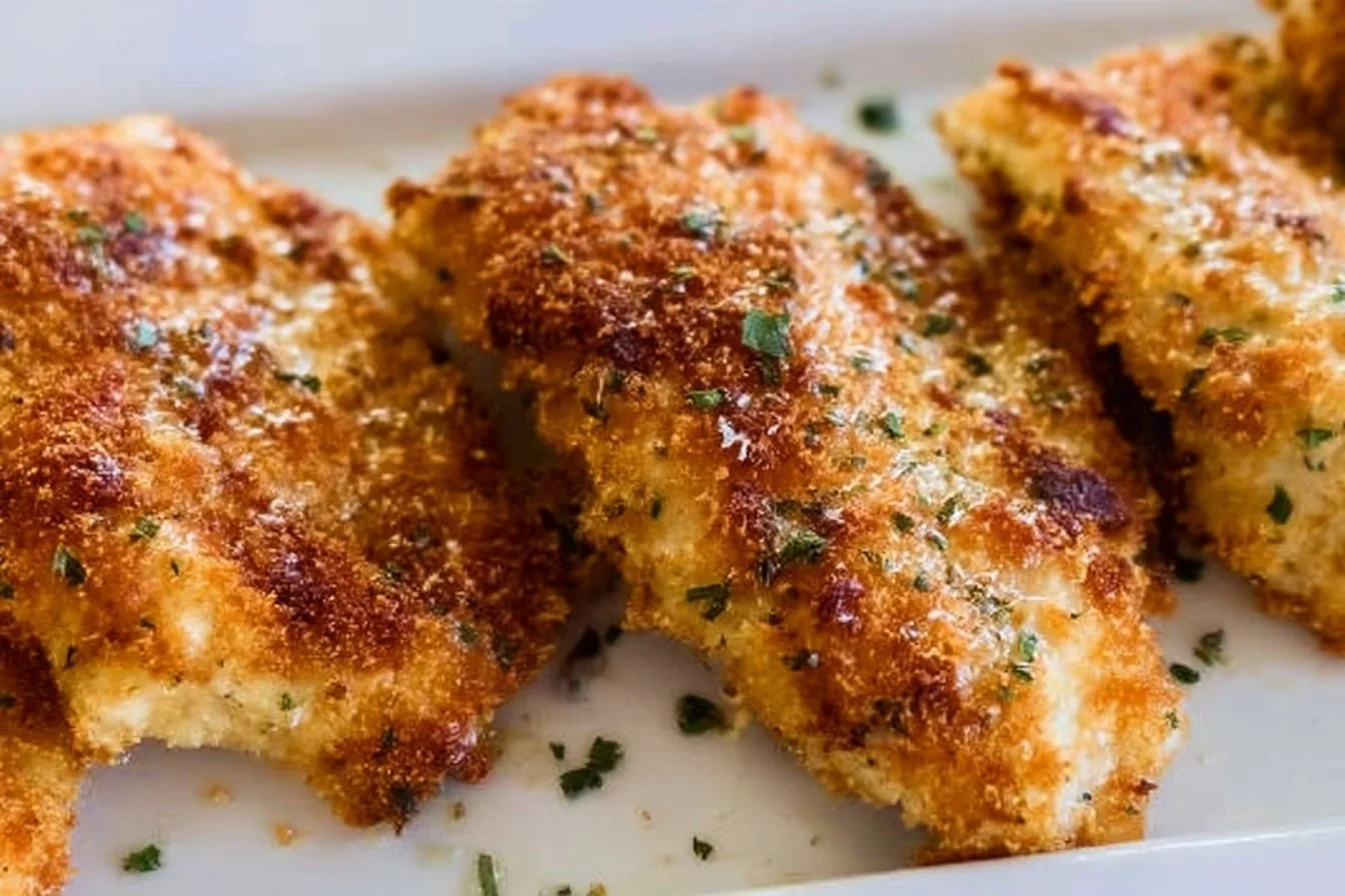 Delicious Parmesan Crusted Chicken served with a side of vegetables