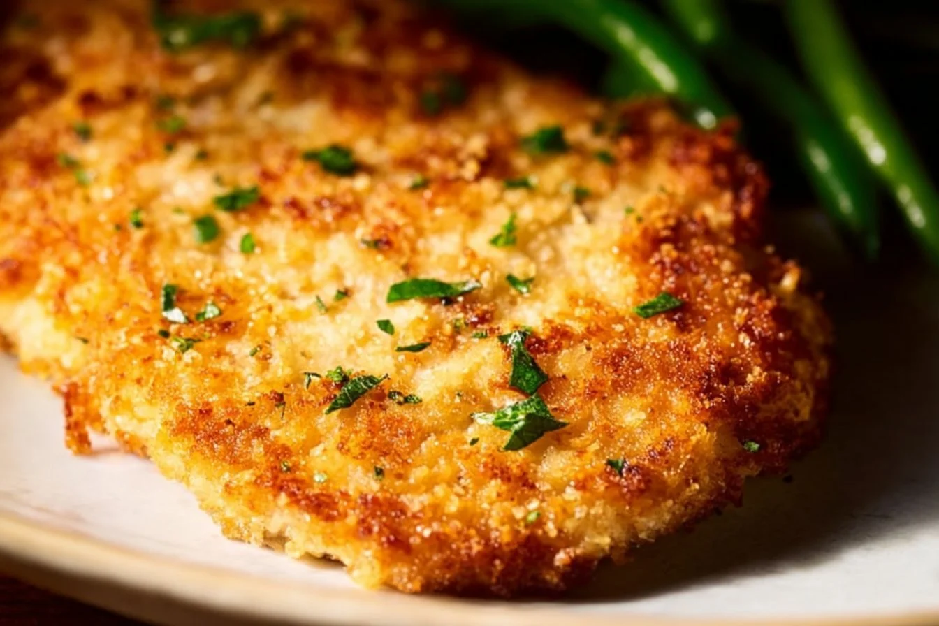 Delicious Parmesan Crusted Chicken with crispy cheese topping on a plate.