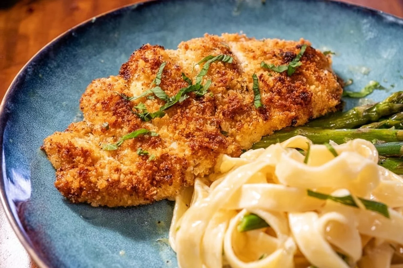 Crispy Parmesan Crusted Chicken served with fresh herbs and lemon wedges.