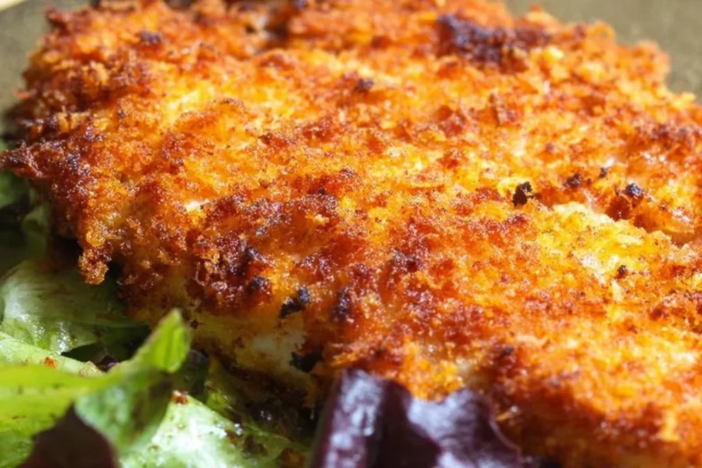 Crispy Parmesan Crusted Chicken Cutlets served on a plate