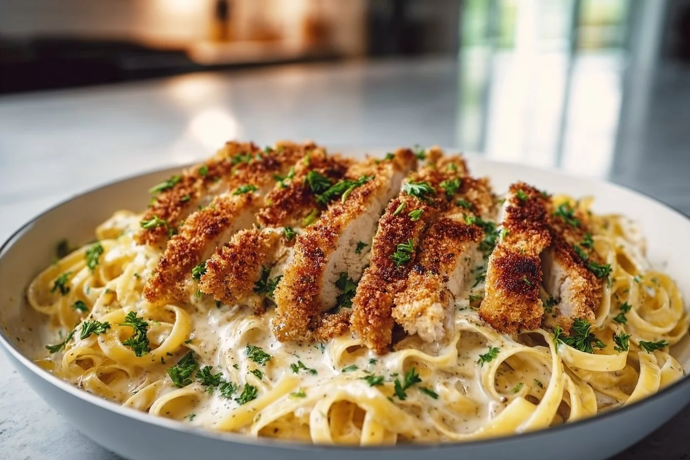 Parmesan Crusted Chicken served with rich Alfredo sauce