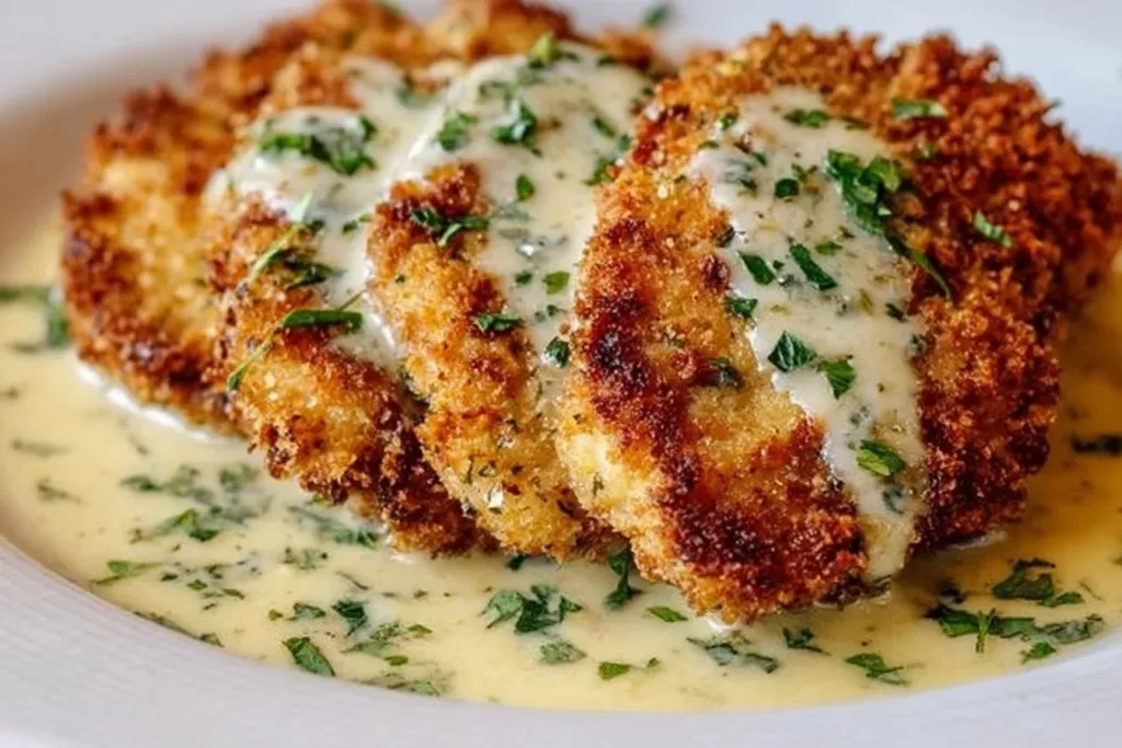 Delicious Parmesan Crusted Chicken served with creamy garlic sauce
