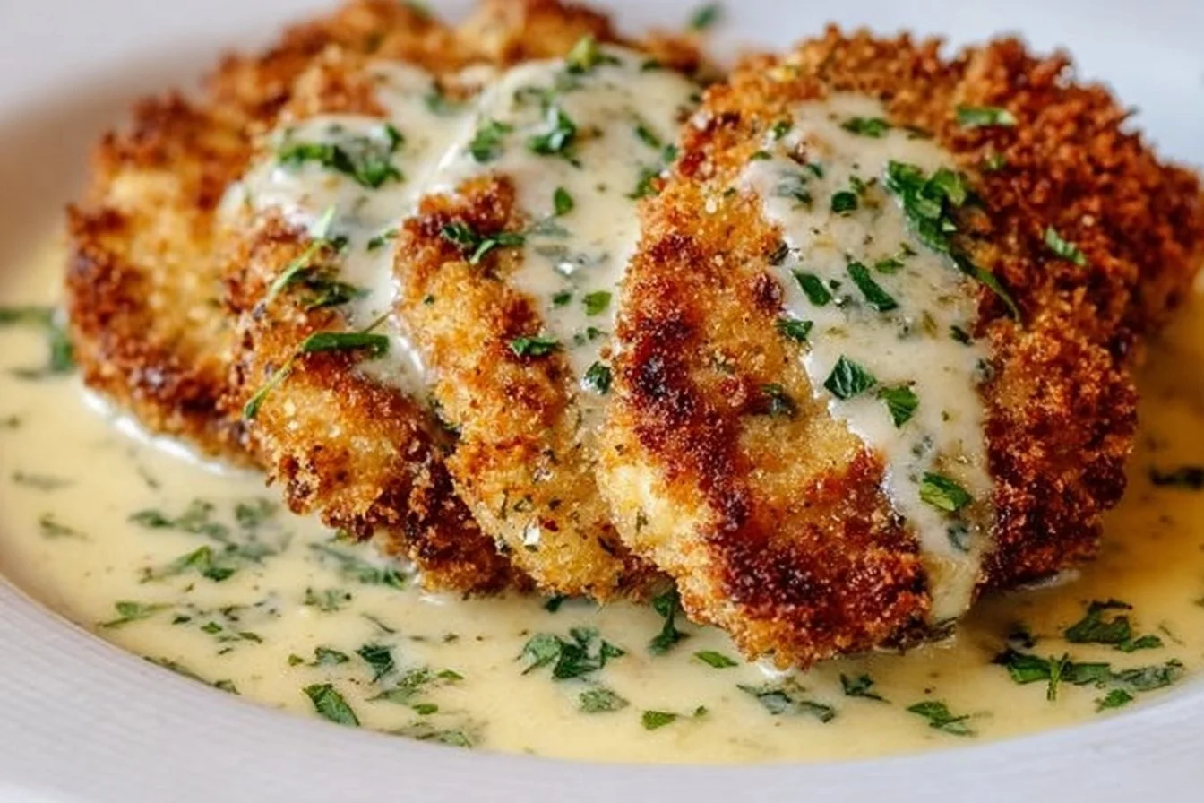 Delicious Parmesan Crusted Chicken served with creamy garlic sauce