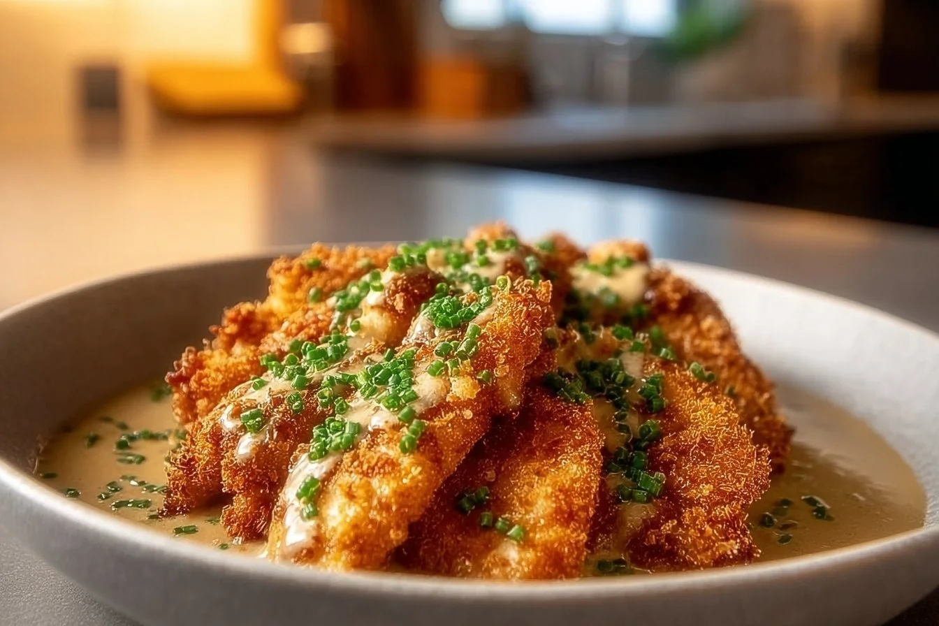 Parmesan Crusted Chicken served with Creamy Garlic Sauce on a plate