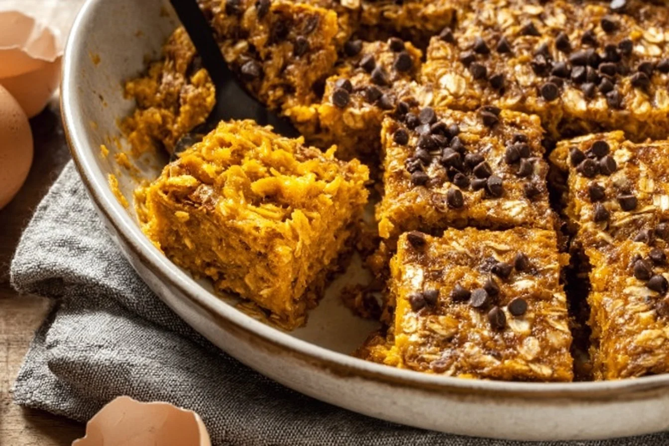 Delicious pumpkin baked oatmeal served in a bowl with a sprinkle of cinnamon.