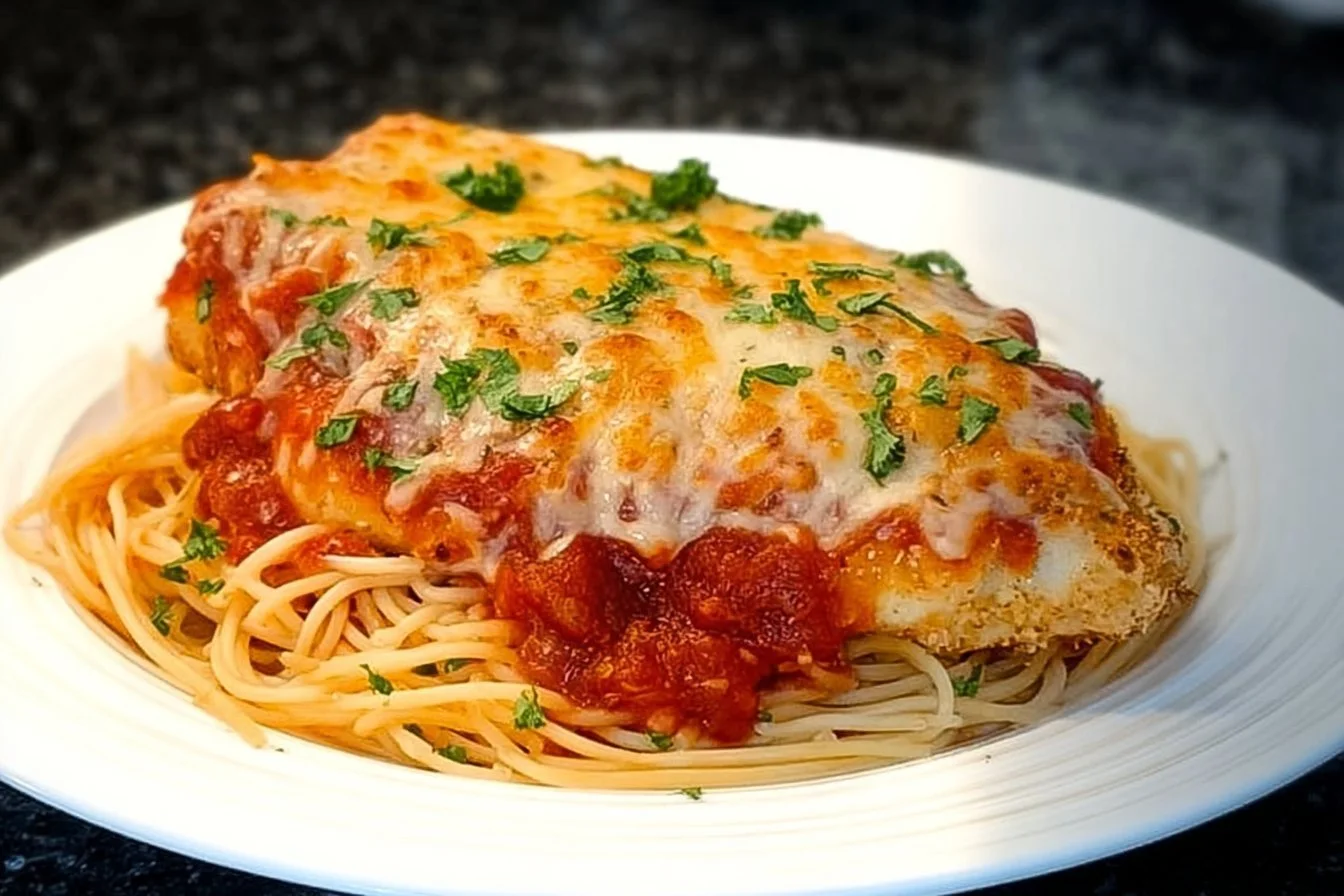 Quick and easy chicken parmesan served with pasta and fresh basil