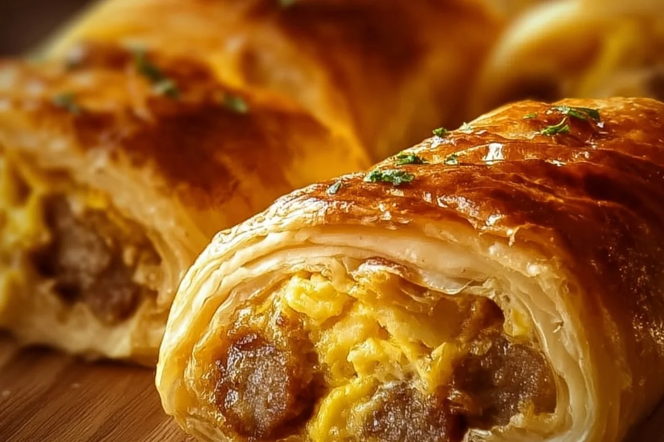 Freshly made sausage and egg breakfast rolls on a plate