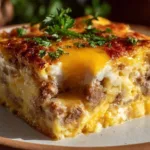 Baked Sausage and Egg Casserole served with herbs and toast