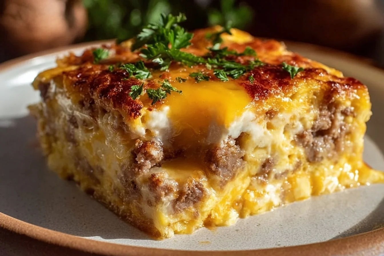 Baked Sausage and Egg Casserole served with herbs and toast