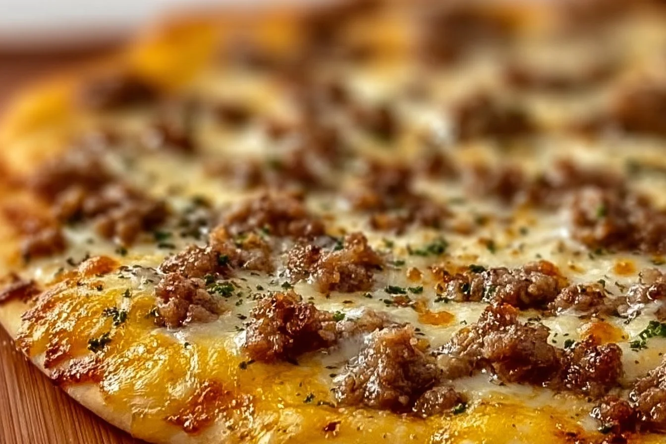 Sausage gravy breakfast pizza topped with sausage and creamy gravy