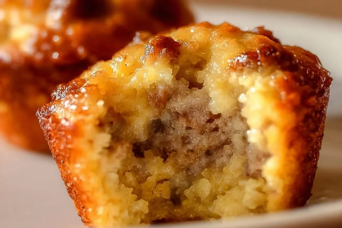 Plate of homemade Sausage Pancake Bites served with syrup