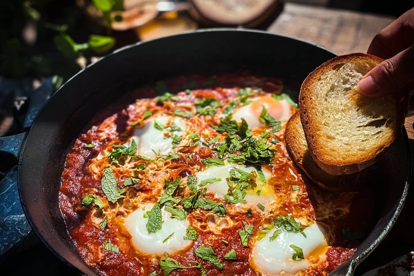A plate of Shakshuka with poached eggs in a vibrant tomato sauce, garnished with herbs.