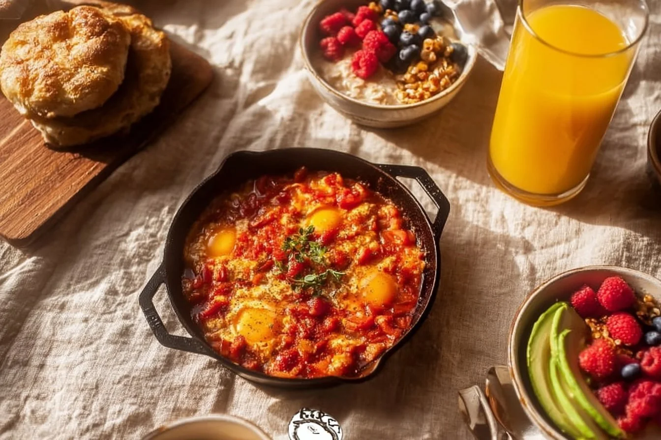 Shakshuka with Avocado Toast Shakshuka A vibrant plate of Shakshuka served with crispy avocado toast on the side.