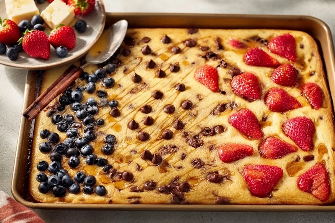 Delicious and fluffy sheet pan pancakes ready to serve for breakfast