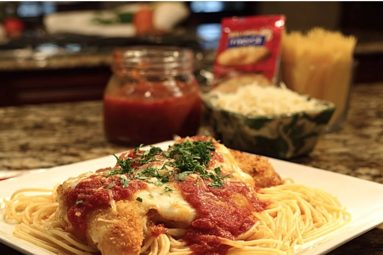 Delicious shortcut chicken parmesan served with spaghetti and marinara sauce.