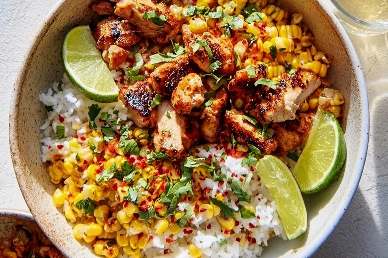 Street Corn Chicken Rice Bowl Street Corn Chicken Rice Bowl Delicious Street Corn Chicken Rice Bowl topped with grilled chicken and fresh corn