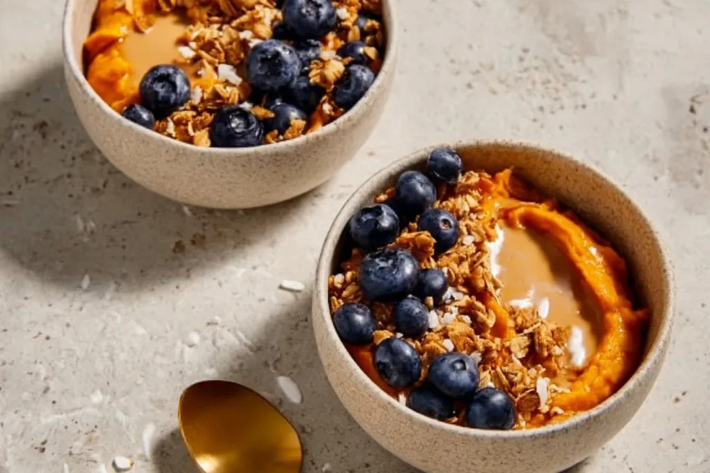 Colorful sweet potato breakfast bowls topped with fresh fruits and nuts.