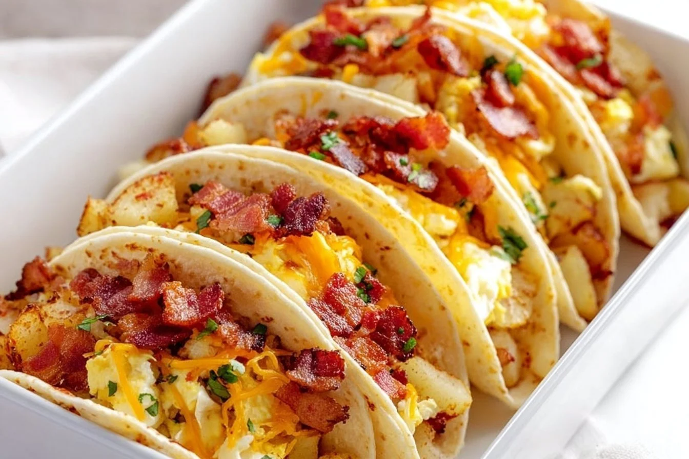 Baked breakfast tacos filled with eggs, cheese, and toppings on a plate