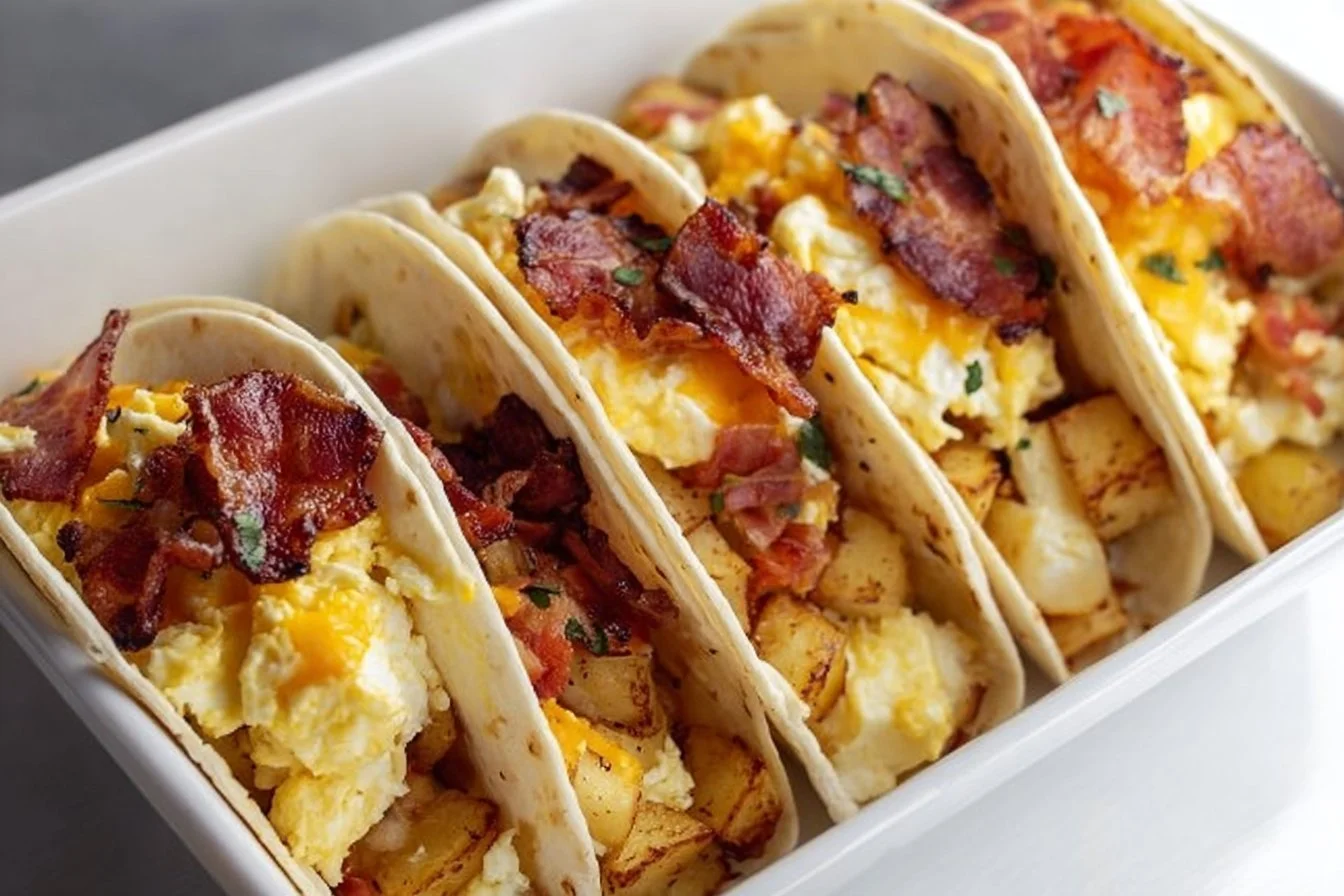 Delicious baked breakfast tacos filled with eggs, cheese, and spices.