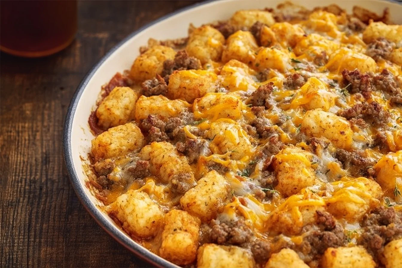 Tater Tot Sausage Breakfast Casserole in a baking dish, ready to serve.
