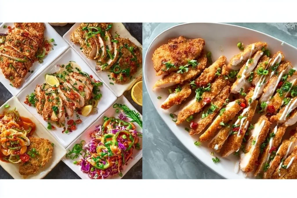 Thin-sliced chicken breasts cooked with fresh vegetables