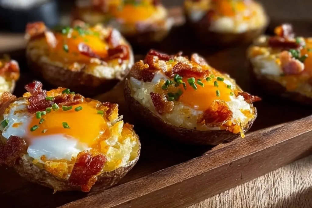 Twice Baked Loaded Breakfast Potatoes topped with cheese and bacon