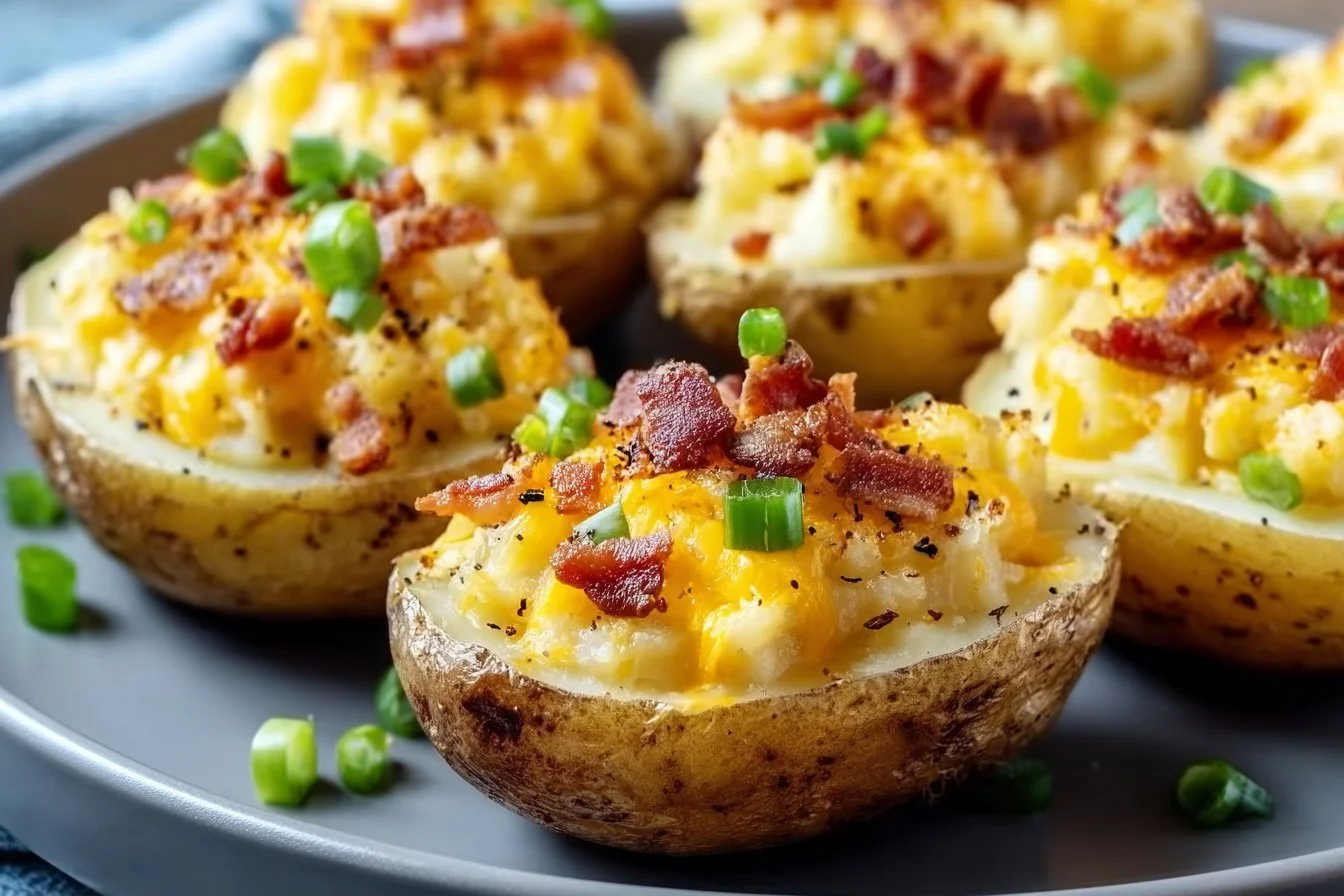 Twice-baked loaded breakfast potatoes topped with cheese, bacon, and herbs.