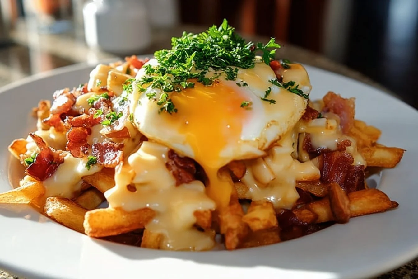 Ultimate breakfast poutine with creamy hollandaise sauce served in a bowl