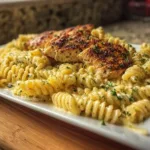 Delicious garlic parmesan chicken pasta served in a creamy sauce.