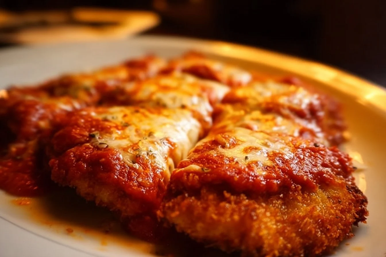 Ultimate Crispy Chicken Parmesan served with marinara sauce and cheese