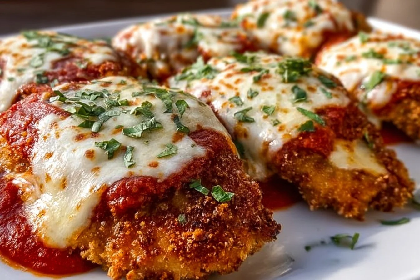 Plate of crispy chicken parmesan topped with marinara sauce and melted cheese