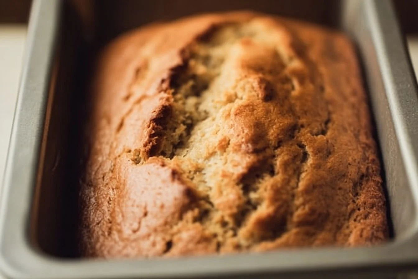 Slice of high-protein banana bread on a wooden table with bananas and nuts