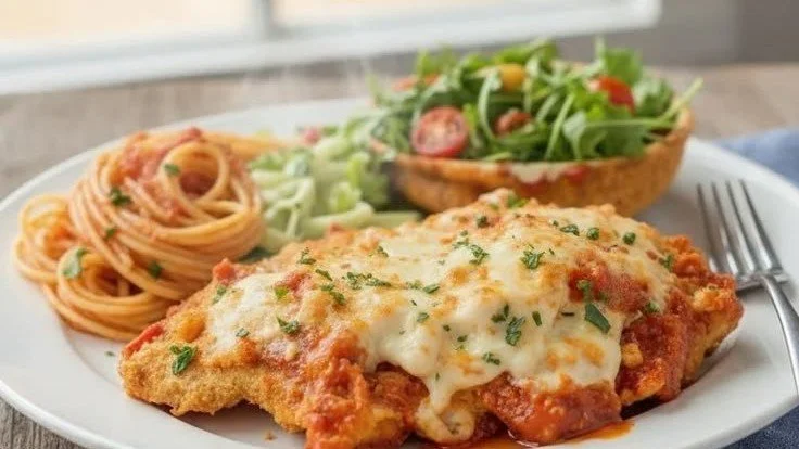 Delicious ultra-cheesy Chicken Parmesan served with fresh herbs and pasta