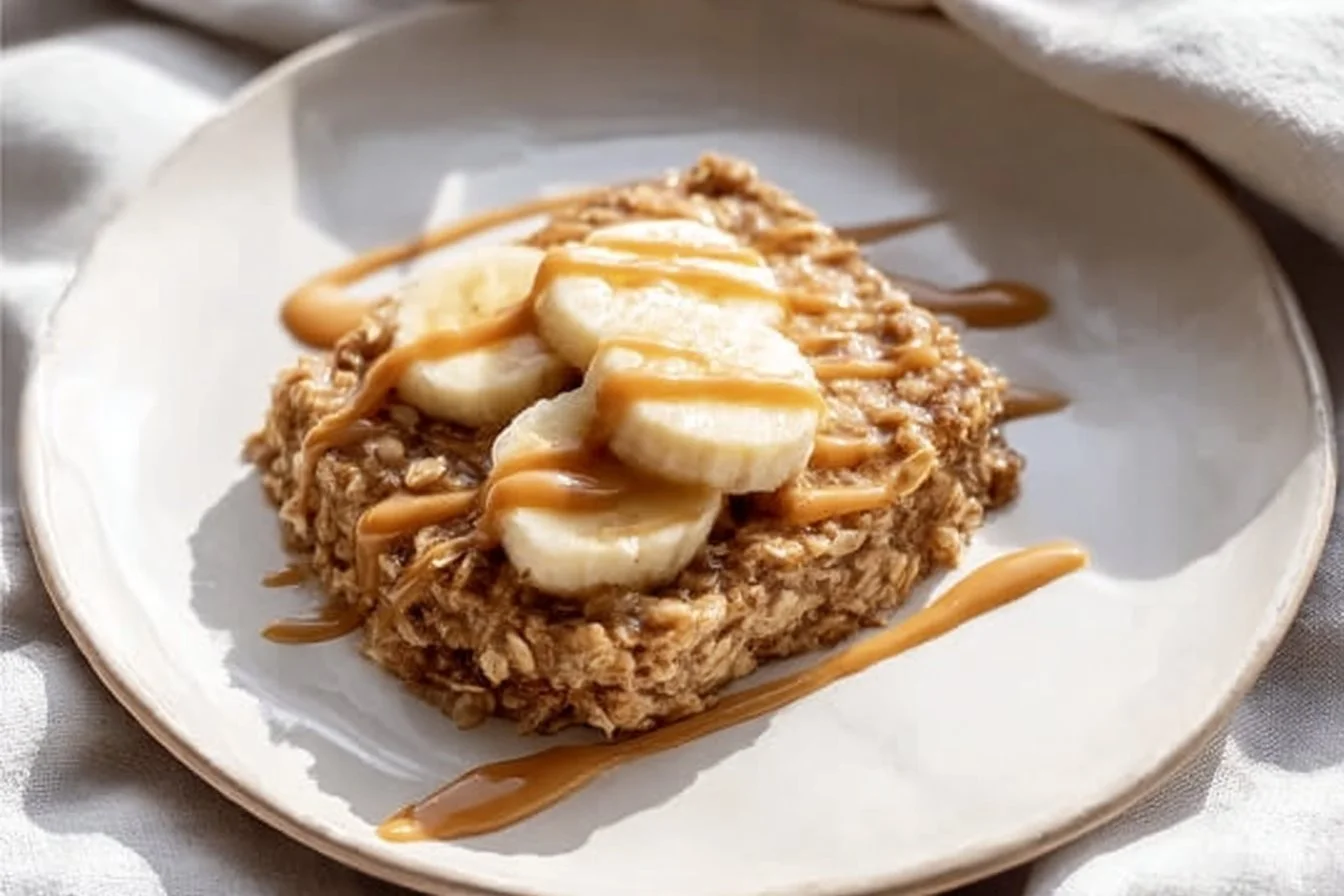 Vegan peanut butter banana baked oatmeal in a dish topped with sliced bananas.