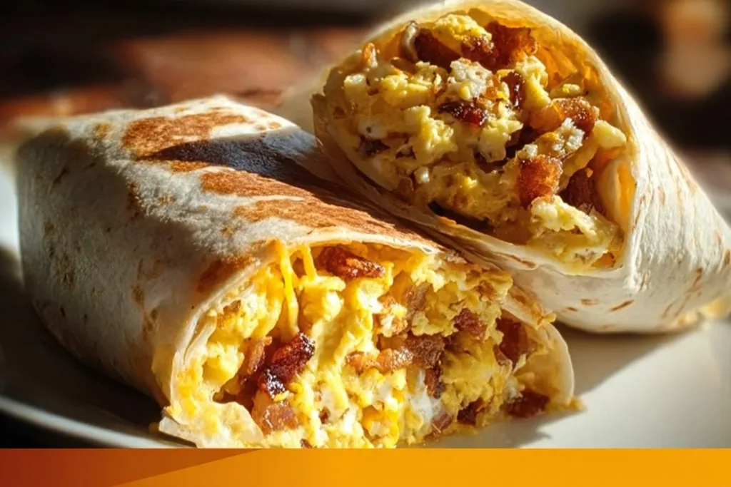 Healthy breakfast burrito with caramelized onions and cheese on a plate