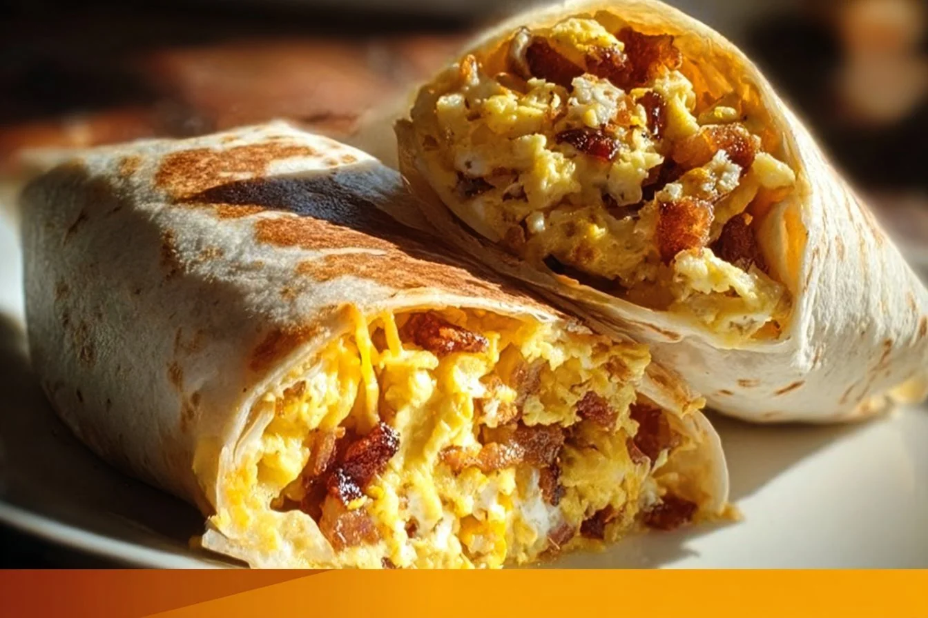 Healthy breakfast burrito with caramelized onions and cheese on a plate