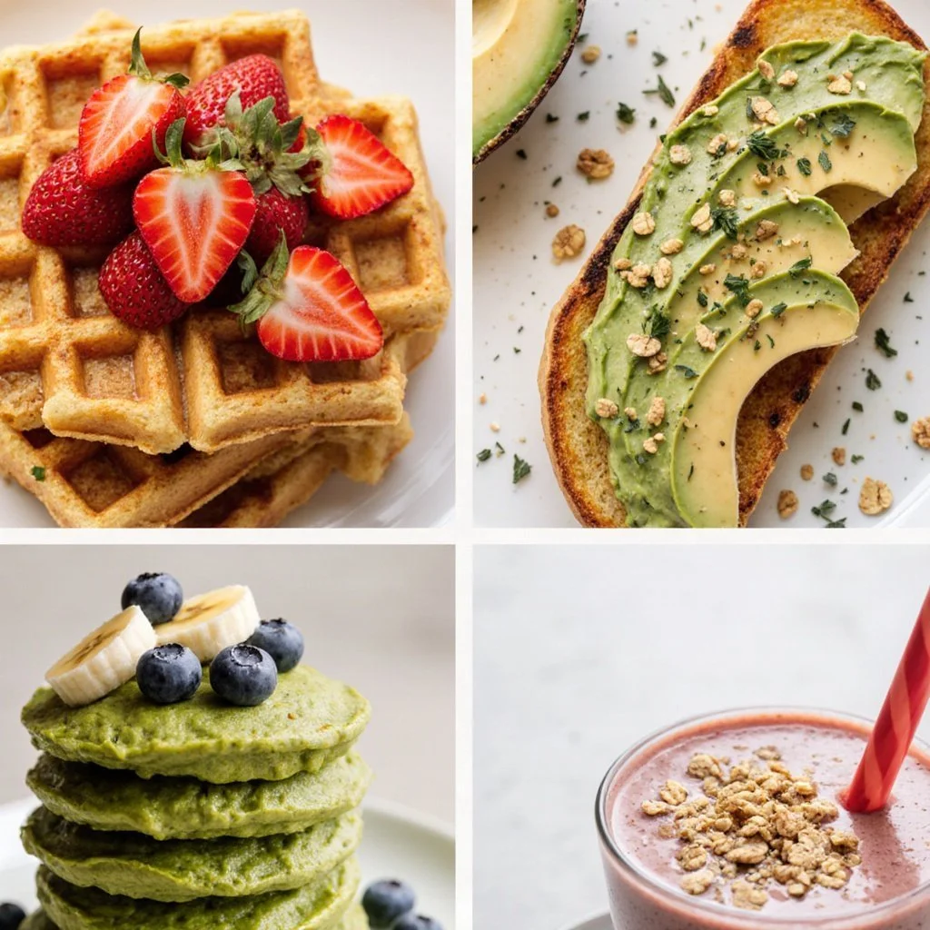 A variety of high-protein breakfast options on a table, including eggs and yogurt.