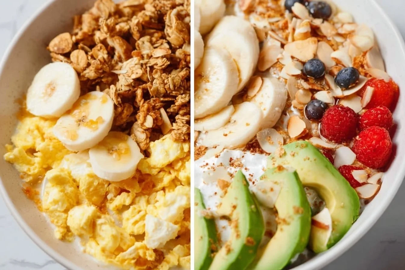 A variety of quick and healthy breakfasts including smoothie bowls, oatmeal, and fruit.
