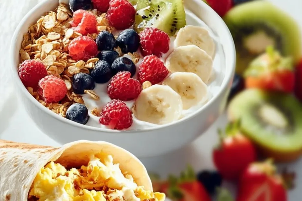 Delicious healthy breakfast bowl with fruits and grains for a balanced meal.