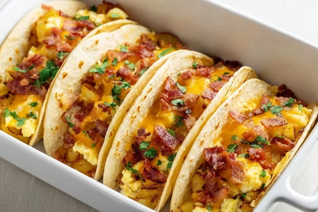 Baked breakfast tacos with colorful toppings served on a plate.