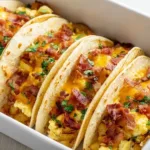 Baked breakfast tacos with colorful toppings served on a plate.