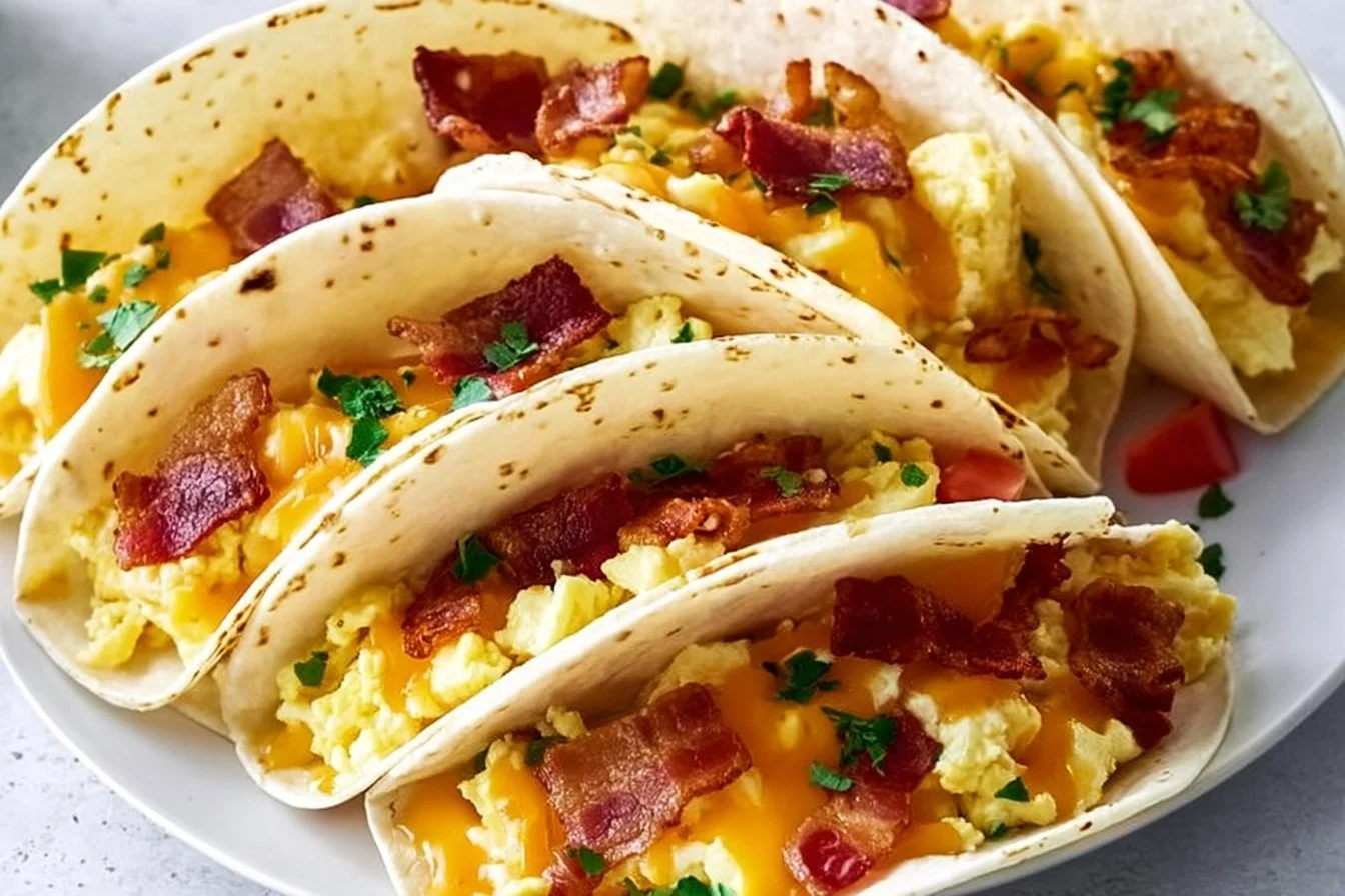 Baked breakfast tacos filled with eggs, cheese, and vegetables