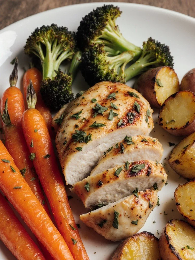 Baked chicken breast with colorful vegetables on a plate, garnished and ready to serve.