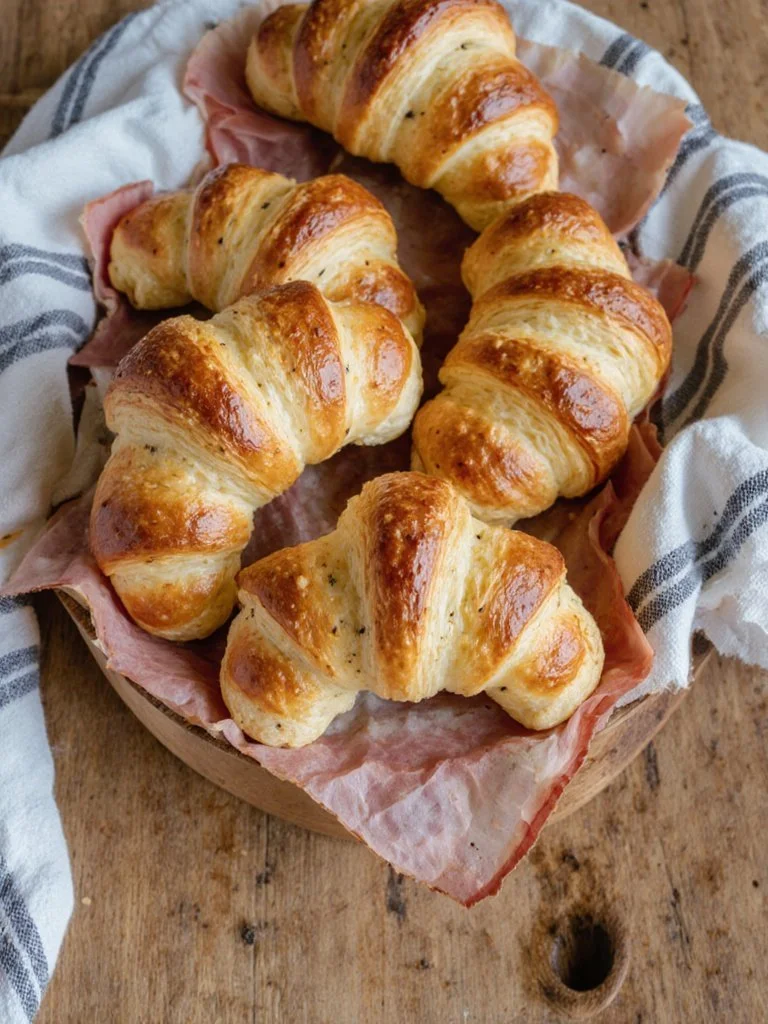 Baked ham and cheese croissants on a wooden board with fresh herbs